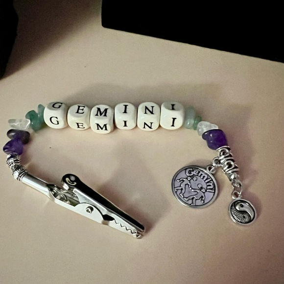 GEMINI Smoker’s Helper Roach Clip with Wooden Beads and Green & Purple Gemstones - Picture 10 of 16